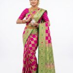Rani Pink & Green Banarasi Bridal Silk Saree with Zari Check Weaving | Traditional Wedding Wear |