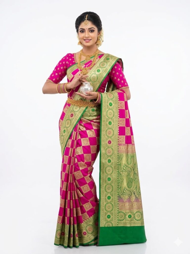Rani Pink & Green Banarasi Bridal Silk Saree with Zari Check Weaving | Traditional Wedding Wear |