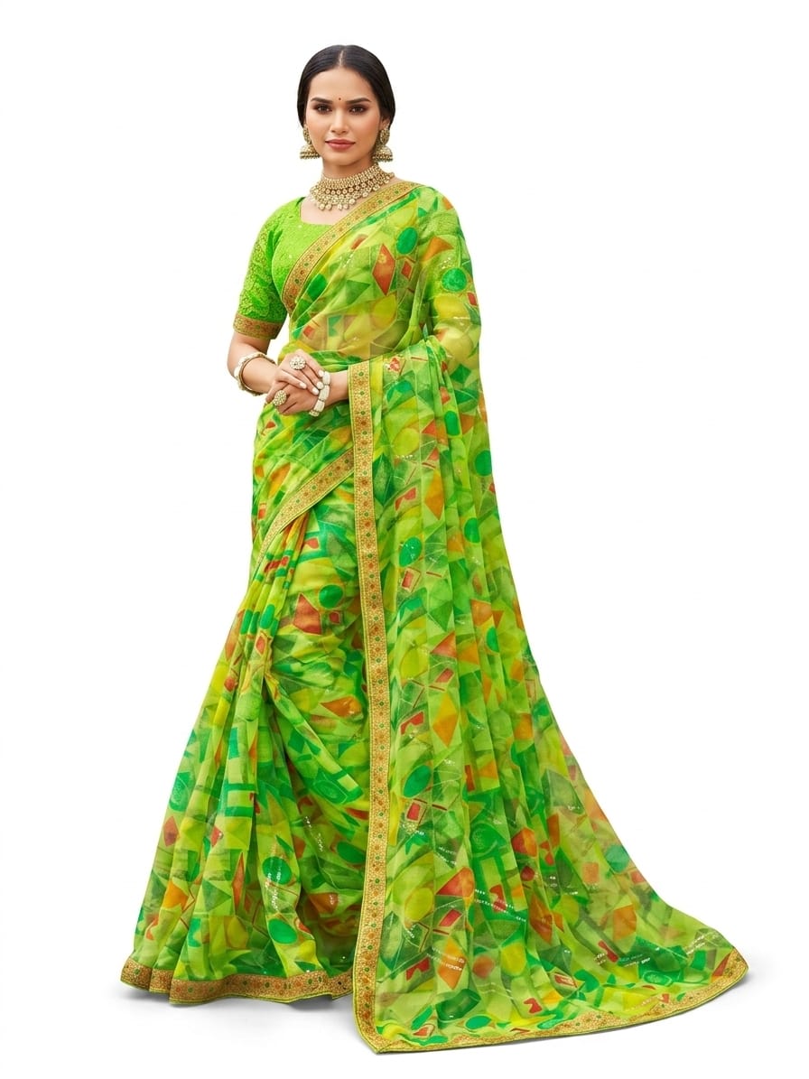 Trendy Green Designer Saree for Women – Geometric Print Festive & Party Wear Saree with Blouse | JFS76
