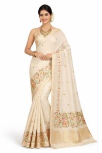 Premium Bangalore Silk Saree with Traditional Embroidery & Golden Zari Border - Off-White (JBS159)