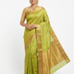 Lime Green Bangalore Silk Saree with Gold Zari Butta & Temple Border - SKU Jbs257