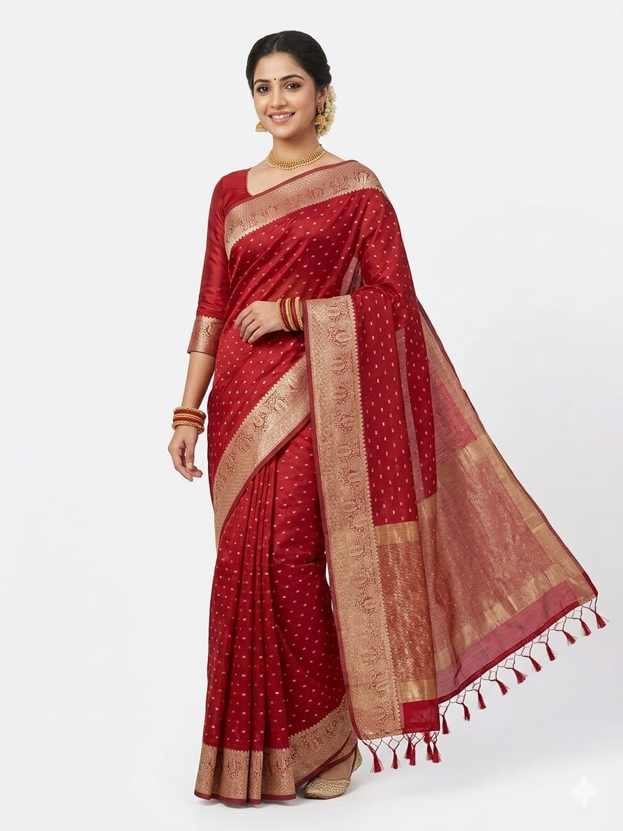Royal Red Bangalore Silk Saree with Gold Zari Border & Butti Design | Wedding & Festive Wear