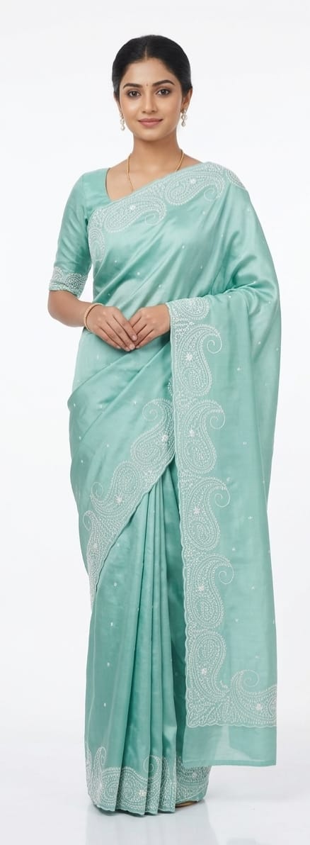 Seafoam Green Bangalore Silk Saree with Intricate White Paisley Embroidery – JBS222