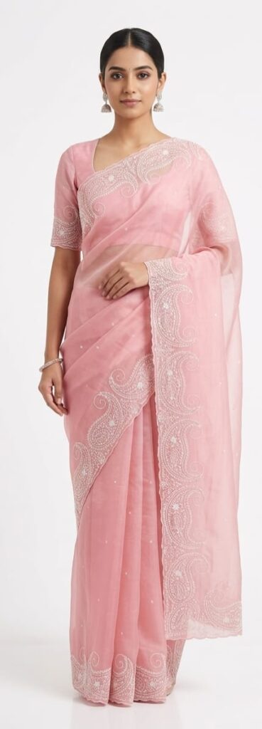 Elegant Baby Pink Bangalore Silk Saree with White Embroidery Work | Designer Party & Festive Wear Saree