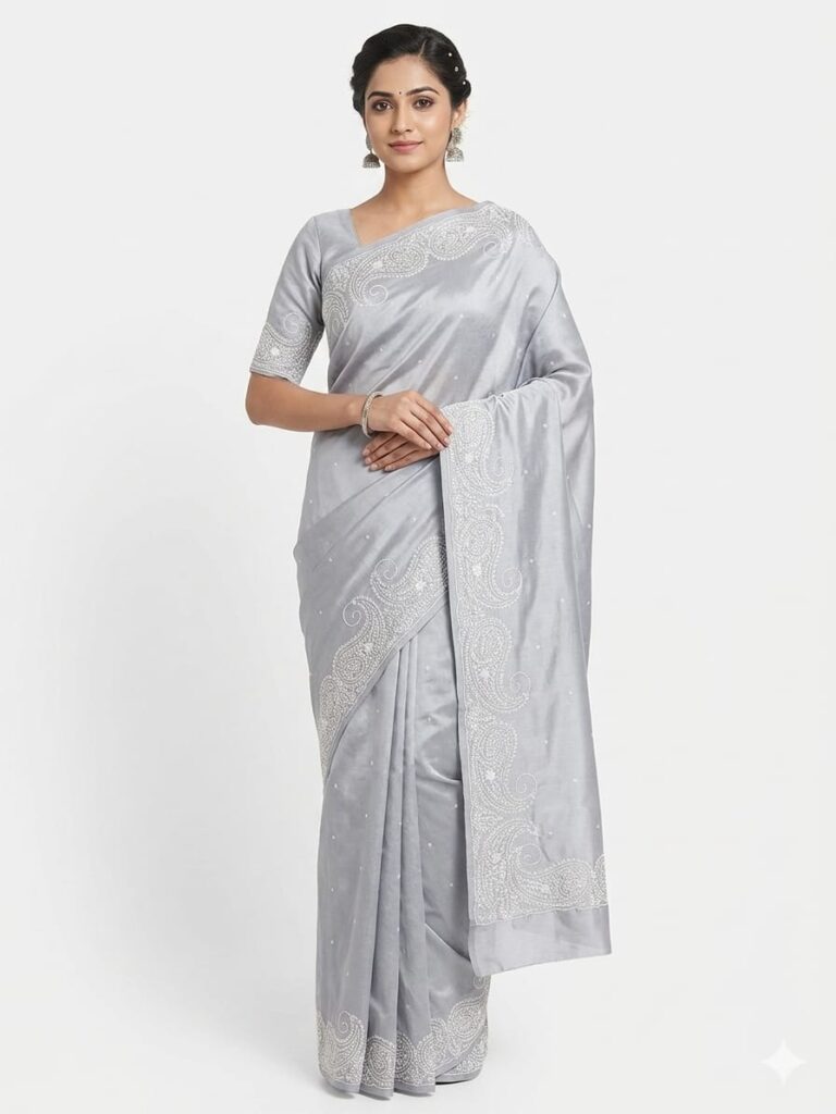 Elegant Silver Grey Bangalore Silk Saree with White Embroidery | Designer Party Wear Silk Saree