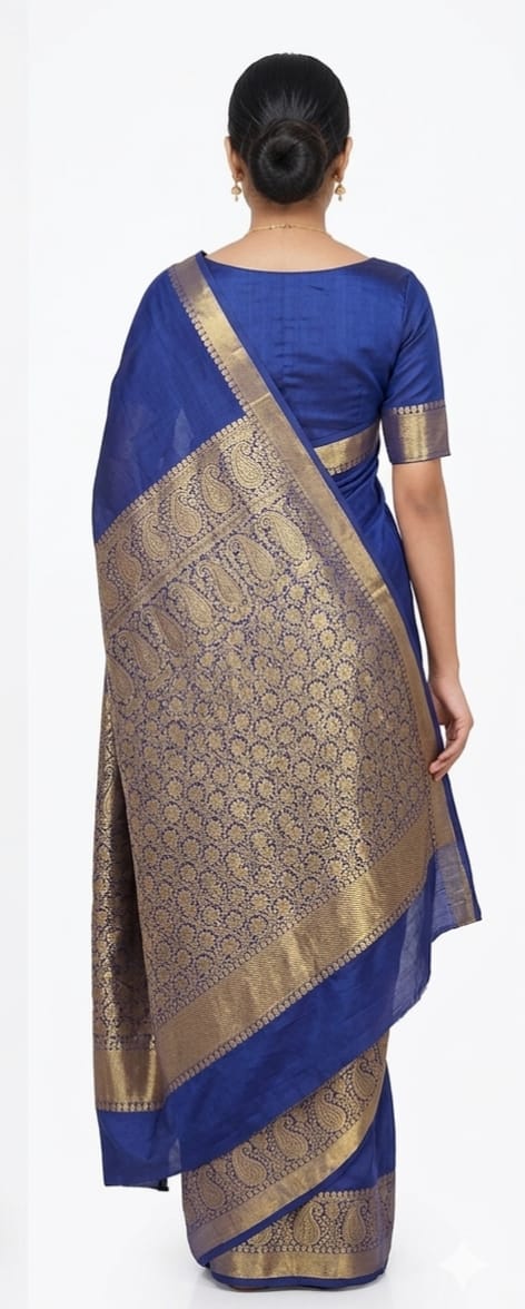 Royal Blue Bangalore Silk Saree with Traditional Paisley Gold Zari Border - JBS215