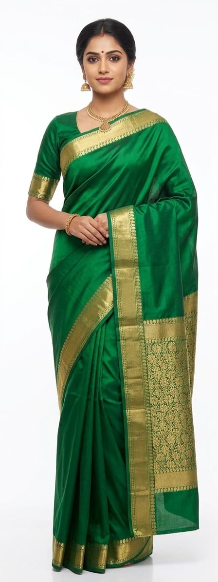 Royal Emerald Green Bangalore Silk Saree with Intricate Gold Zari Border - JBS213