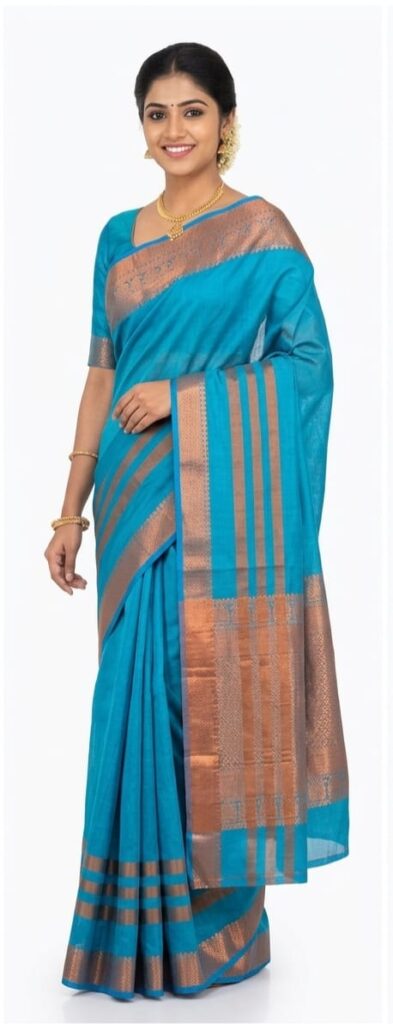 Exquisite Sky Blue Bangalore Silk Saree with Copper Zari Border – SKU: JBS192