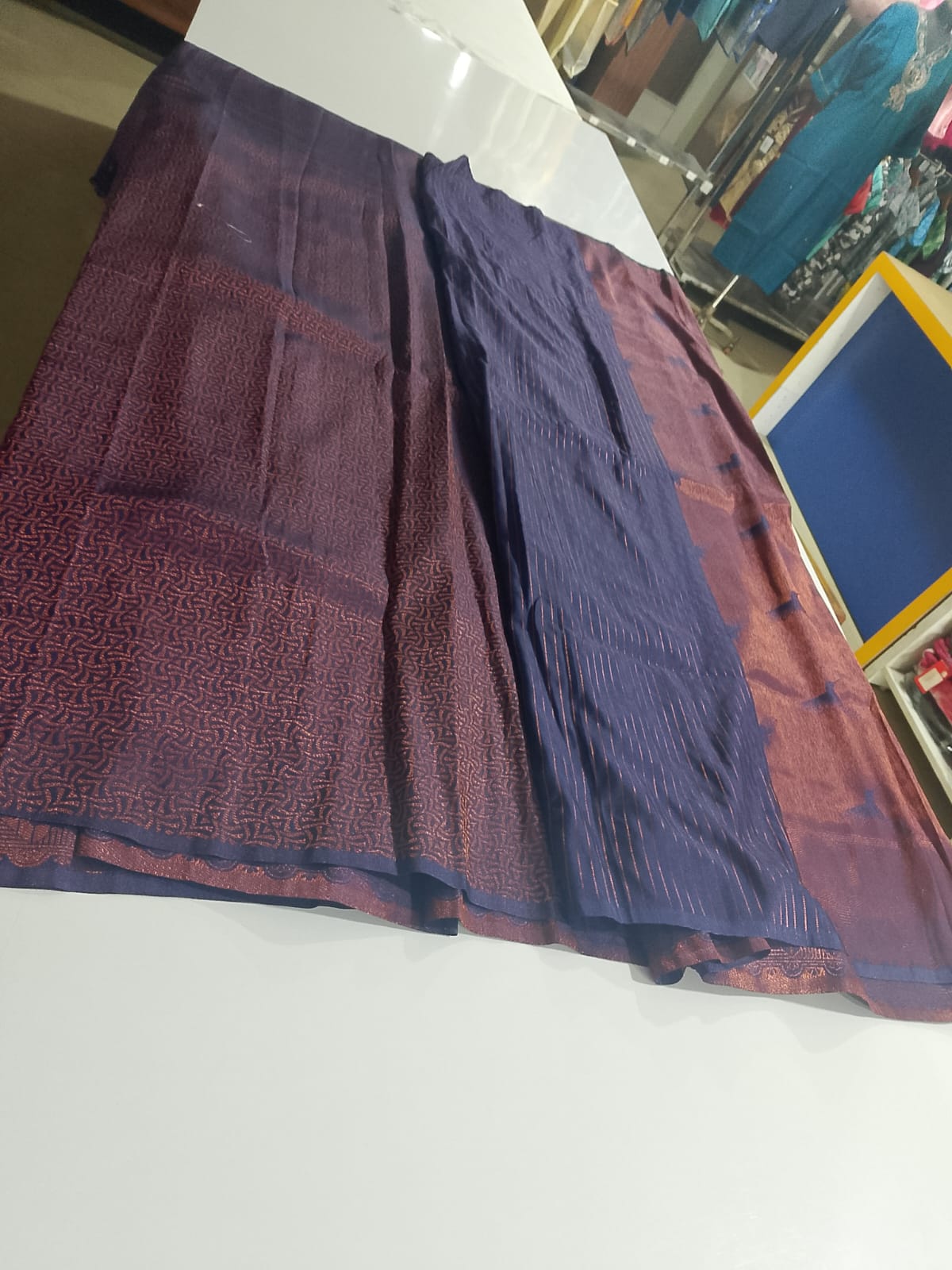 Premium Bangalore Silk Saree in Royal Navy Purple with Copper Zari Border | Elegant Striped Festive & Party Wear Saree