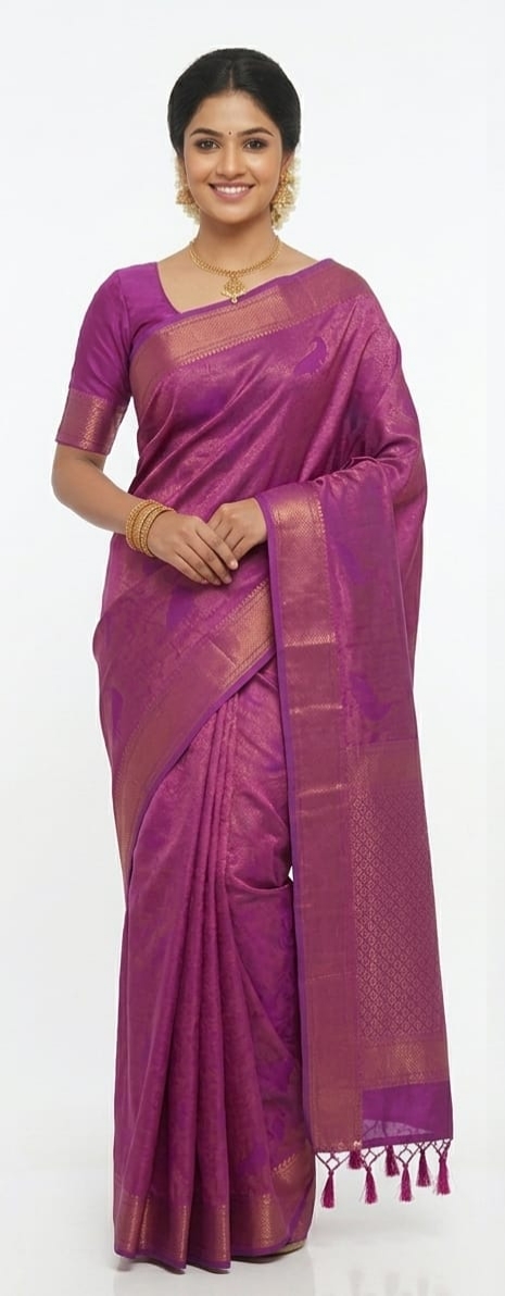 Orchid Purple Bangalore Silk Saree with Peacock Motif & Rich Zari