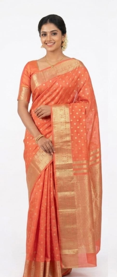 Premium Bangalore Silk Saree – Peach Orange with Rich Gold Zari Border Traditional Saree for Women | Wedding & Festive Wear | JBS239