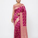 Grand Magenta Bangalore Silk Saree with Rose-Gold Zari Floral Jaal – SKU94