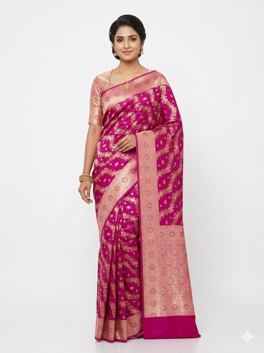 Grand Magenta Bangalore Silk Saree with Rose-Gold Zari Floral Jaal – SKU94