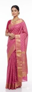 Pink Bangalore Silk Saree with Gold Zari Butta & Rich Pallu | Traditional Kanjivaram Style Festive & Wedding Wear Saree
