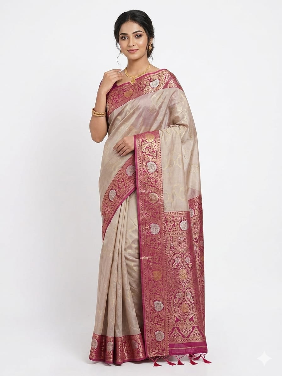 Champagne Gold Bangalore Silk Saree with Pink Banarasi Zari Border - JBS381