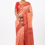 Elegant Peach & Red Bangalore Silk Saree with Temple Zari Border - JBS357