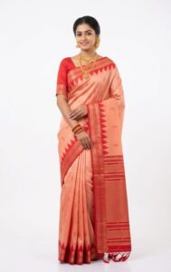 Elegant Peach & Red Bangalore Silk Saree with Temple Zari Border - JBS357