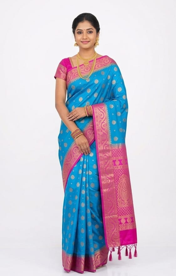 Exquisite Sky Blue & Magenta Bangalore Silk Saree with Contrast Border & Zari Butta – SKU: JBS353
