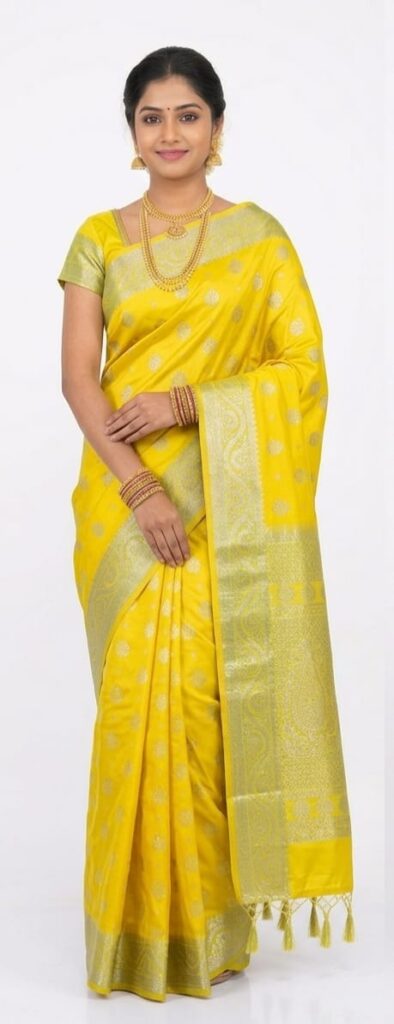 Vibrant Lemon Yellow Bangalore Silk Saree with Rich Silver Zari Work & Tassels – SKU: JBS318