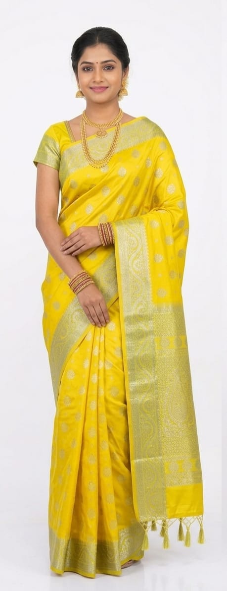 Vibrant Lemon Yellow Bangalore Silk Saree with Rich Silver Zari Work & Tassels – SKU: JBS318