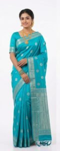 Premium Cyan Blue Bangalore Silk Saree with Zari Butta and Traditional Border - SKU: JBS319