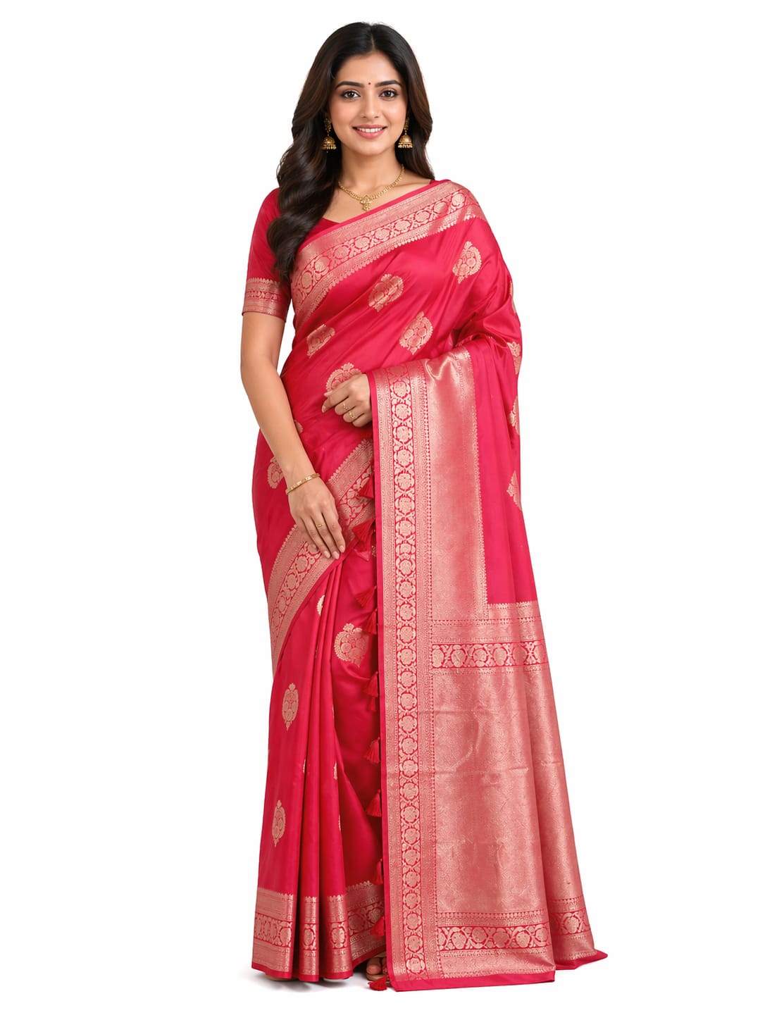 Rani Pink Bangalore Silk Saree with Rich Gold Zari Border & Pallu | Wedding & Festive Wear | JBS322
