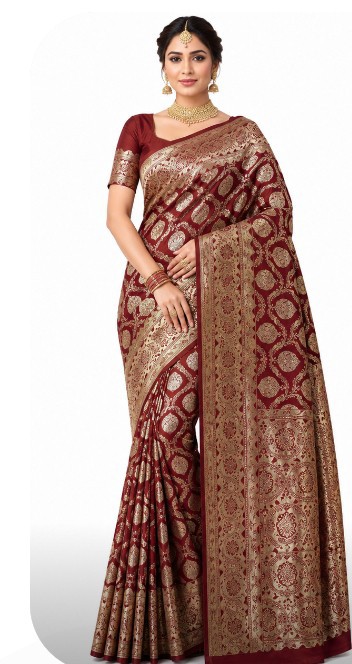 Premium banarasi braidal saree marron &golden zari work (JBBS12)Silk blend fabric